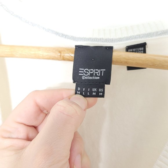 Esprit | Pearl White Knit Short Satin Sleeve Blouse Top Surplice Stretch M - Picture 2 of 8